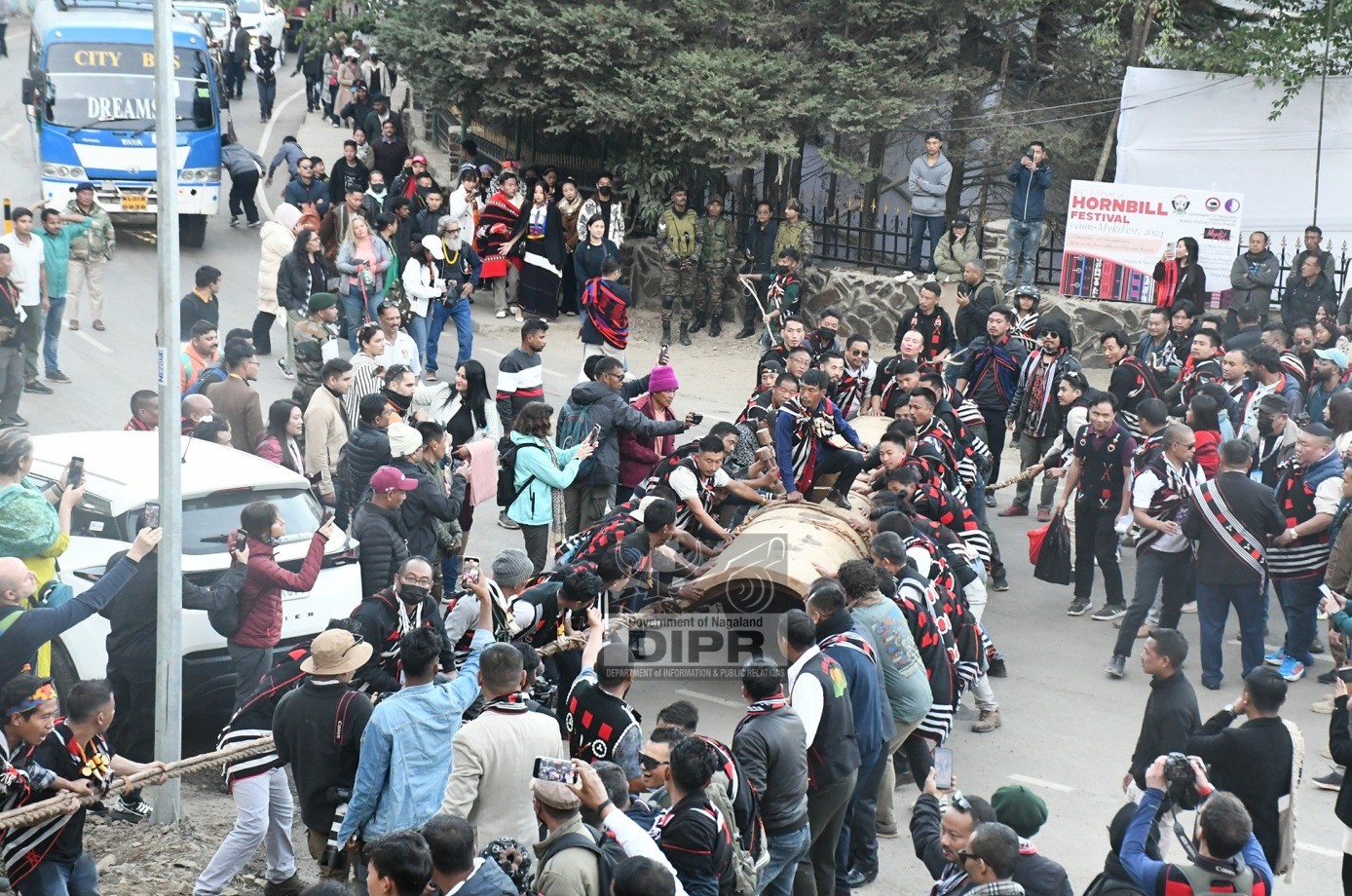 LOG DRUM PULLING CEREMONY OF TIKHIR TRIBE DURING THE ON-GOING HORNBILL FESTIVAL CELEBRATION AT KISAMA
