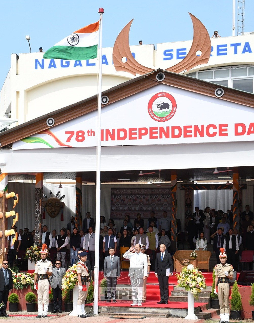 Chief Minister Nagaland, Neiphiu Rio taking the Rashtriya Salute during the 78th Independence Day celebrations at Nagaland Civil Secretariat Plaza, Kohima