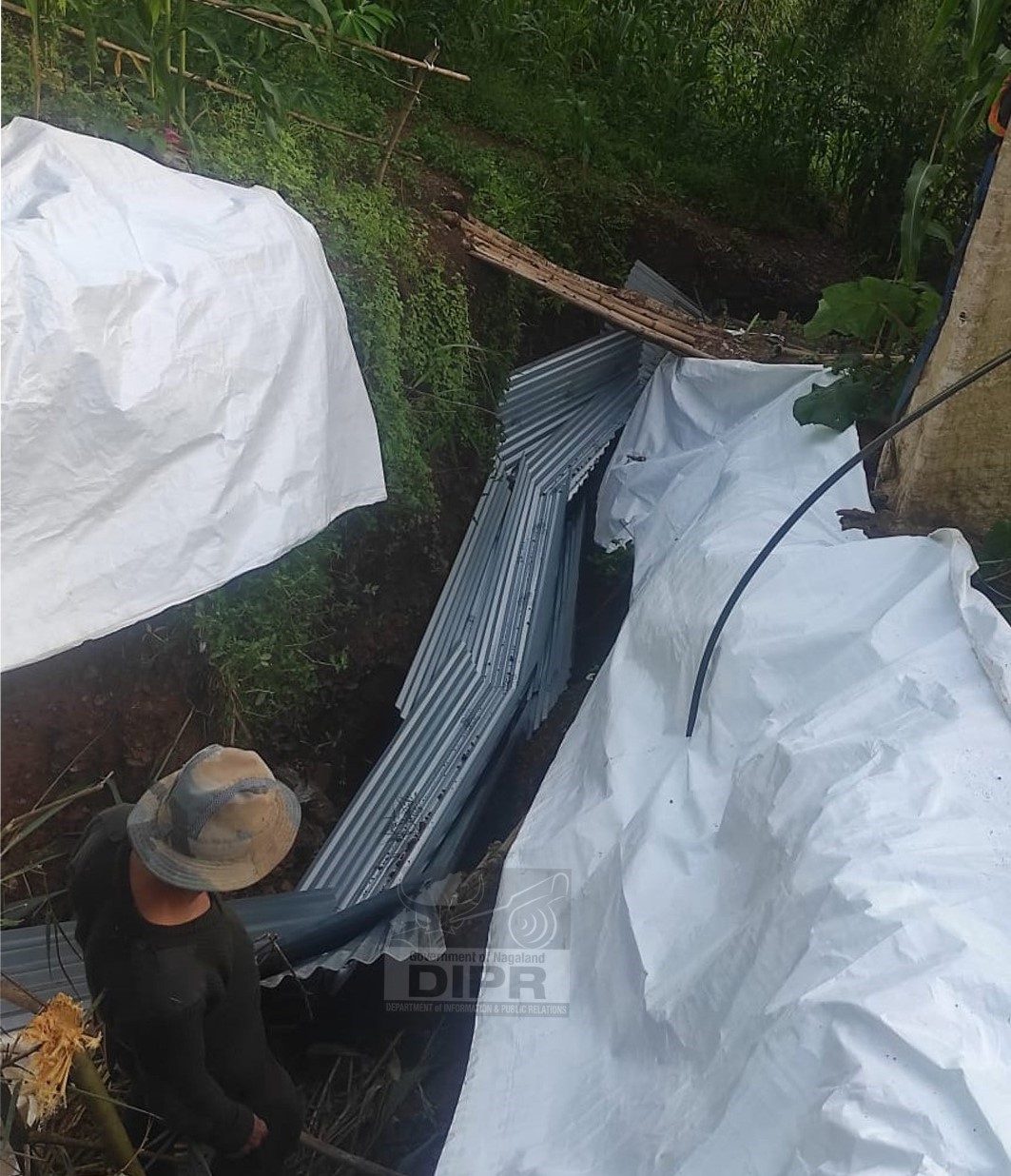 DDMA, Kiphire distributed CGI sheet and tarpaulin to the families affected by landslide at GHS ward, Kiphire town to reduce soil erosion on 8th July 2024.