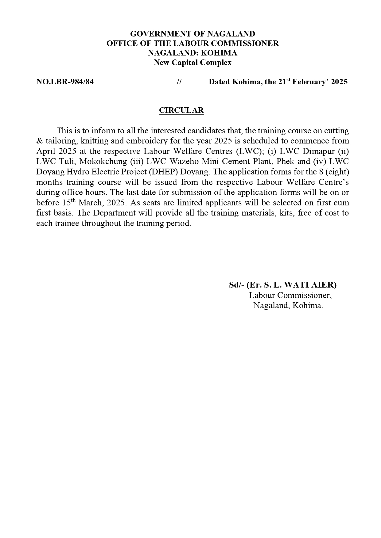 CIRCULAR: LABOUR COMMISSIONER