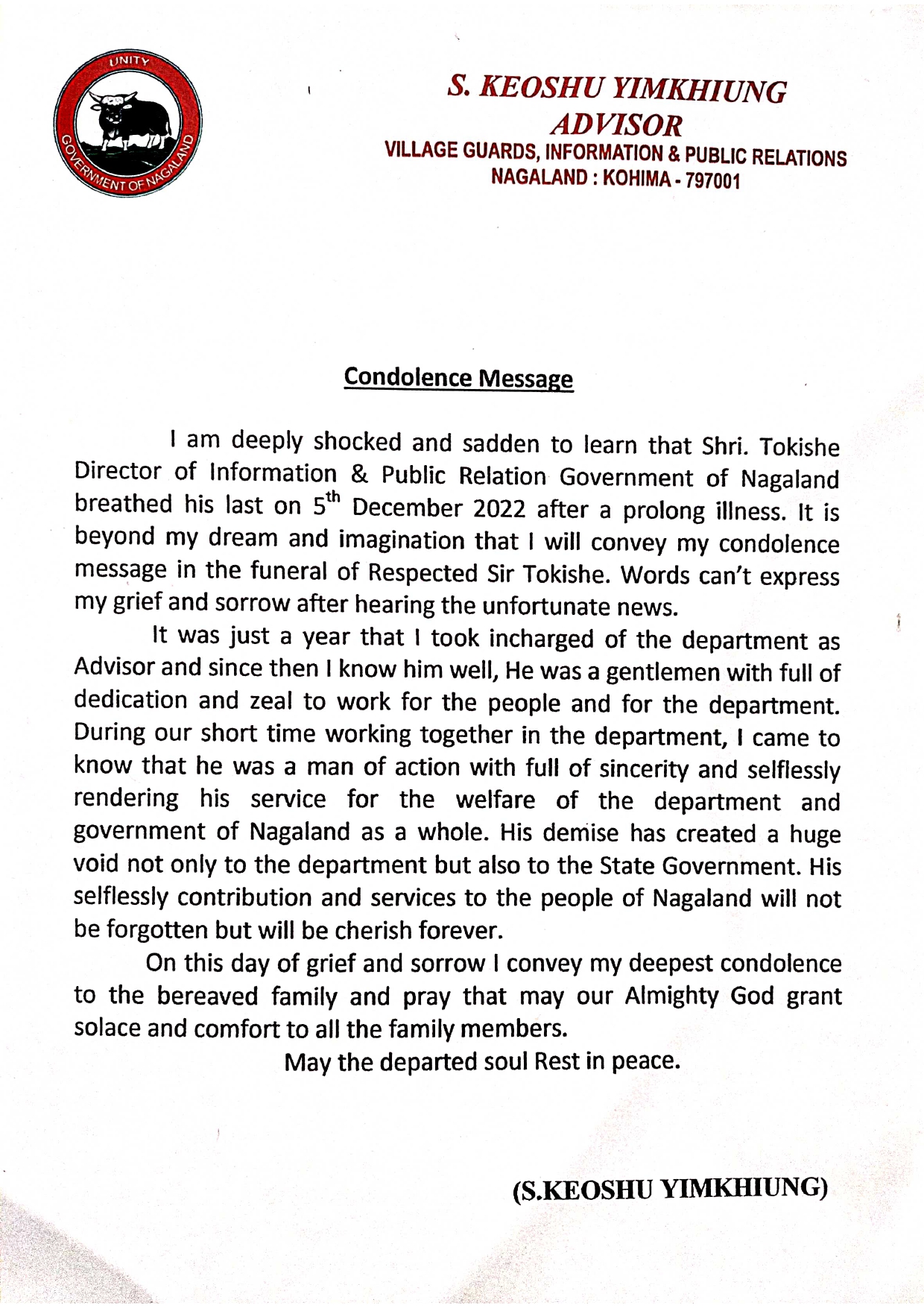 CONDOLENCE MESSAGE 