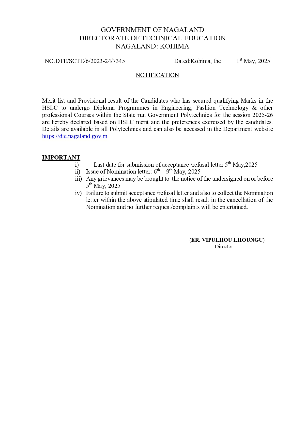 Notification: Technical education
