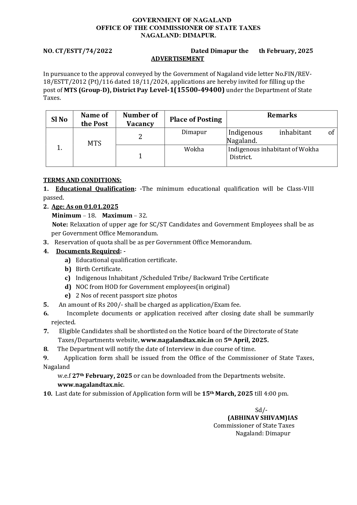 ADVERTISEMENT: COMMISSIONER OF STATE TAXES