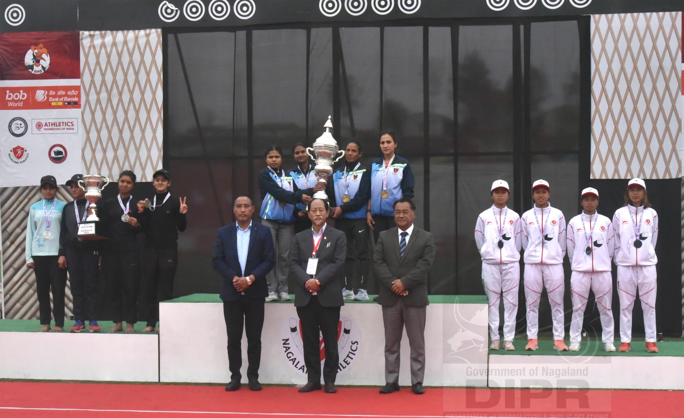 Chief Minster, Neiphiu Rio and dignitaries with the winners of Women’s National Team Championship at IG stadium, Kohima
