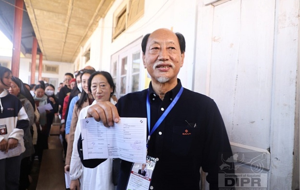 Chief Minister, Neiphiu Rio on his way to cast his vote at Northern Angami II, Touphema Basa