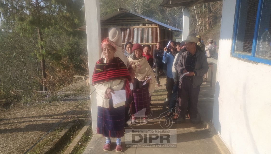Elderly in queue for casting their votes at Yemishe village under 35.AC Zunheboto district