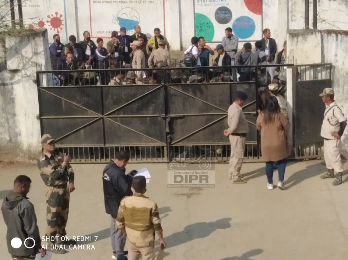 Polling Personnel on Election duty waiting to receive the poll materials at Kiphire