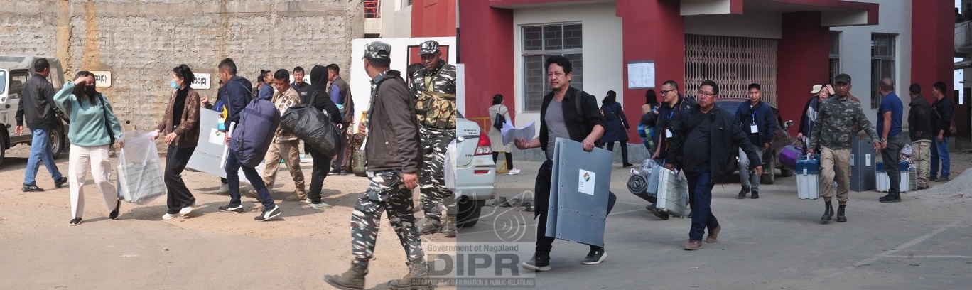 Polling officials moving out to their respective polling stations with EVMs, VVPATs at Mokokchung