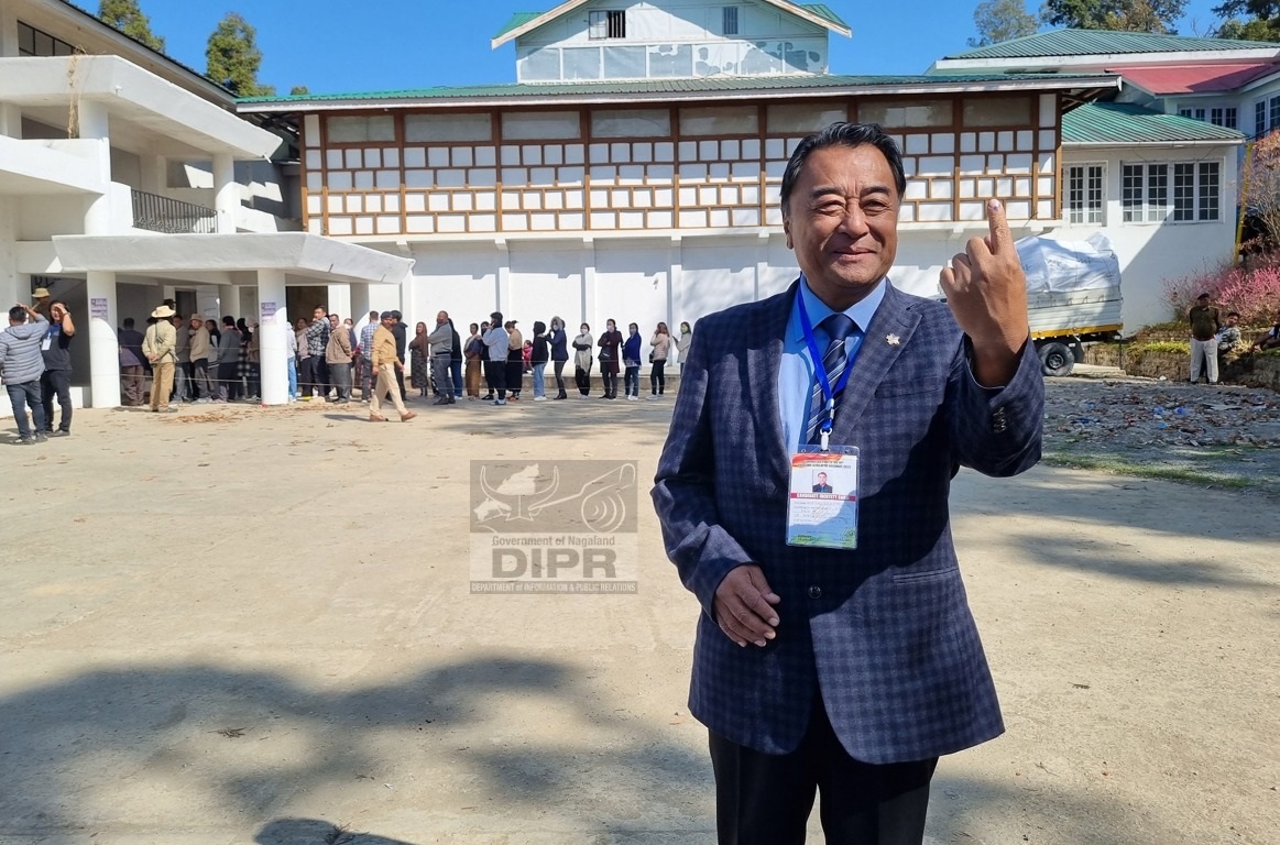 Sitting MLA of 10- Northern Angami-1, Khriehu Liezietsu after casting his vote at 6 Bayavu Middle polling station