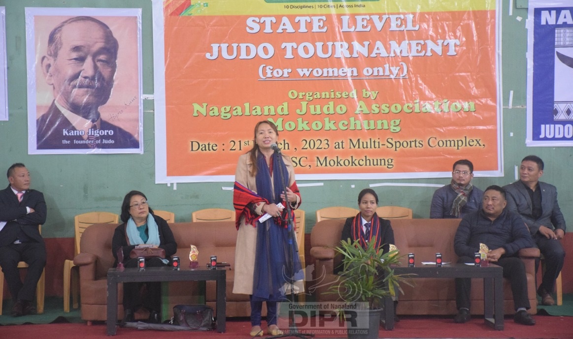 DFO Mokokchung, Dr. Sentitula, IFS speaking at the opening programme of the State Level Judo Tournament (for women only) at Multi-Sports Complex, Mokokchung on 21st March 2023.  (DPRO Mokokchung) 