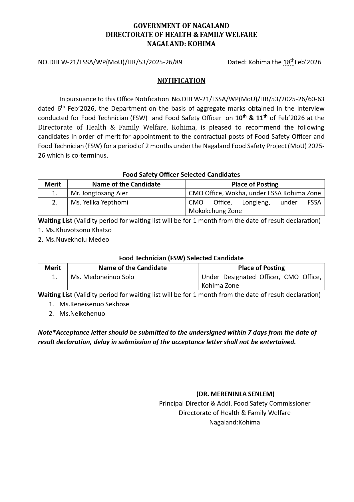 Notification: H&FW