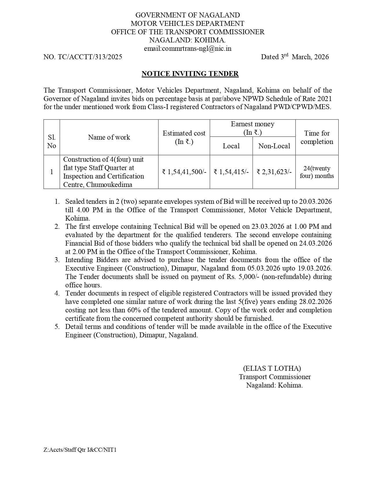 Tender: Transport Commissioner