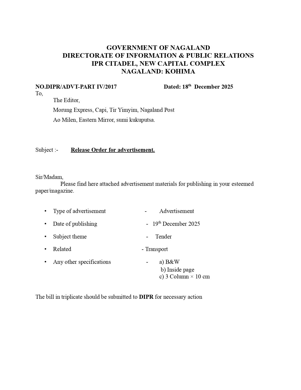Tender: Transport