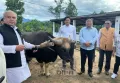 Union Minister of Agriculture and Farmers' Welfare, Narendra Singh Tomar accompanied by Minister G. Kaito Aye, Advisor Mhathung Yanthan, and APC Y. Kikheto Sema IAS during his visit to the National Research Center for Mithun on 26th June 2022. (DPRO Dimapur) 
